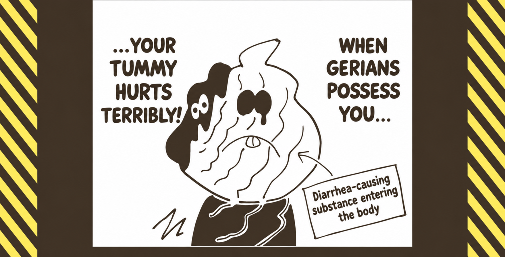 The characters face a sudden need for a toilet — English illustration